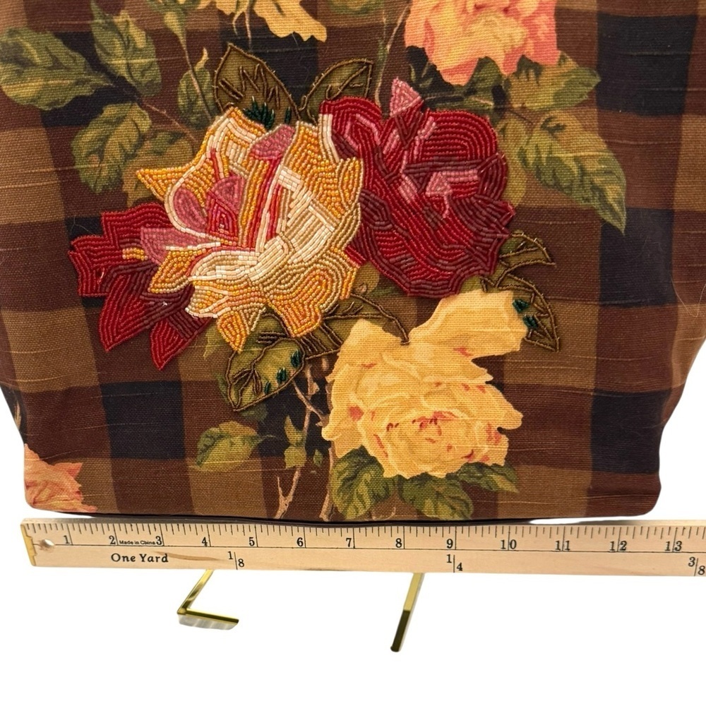 Cynthia Hart Los Angeles Floral Plaid Tote Bag Purse Bamboo Handles Gold Brown - Picture 8 of 14